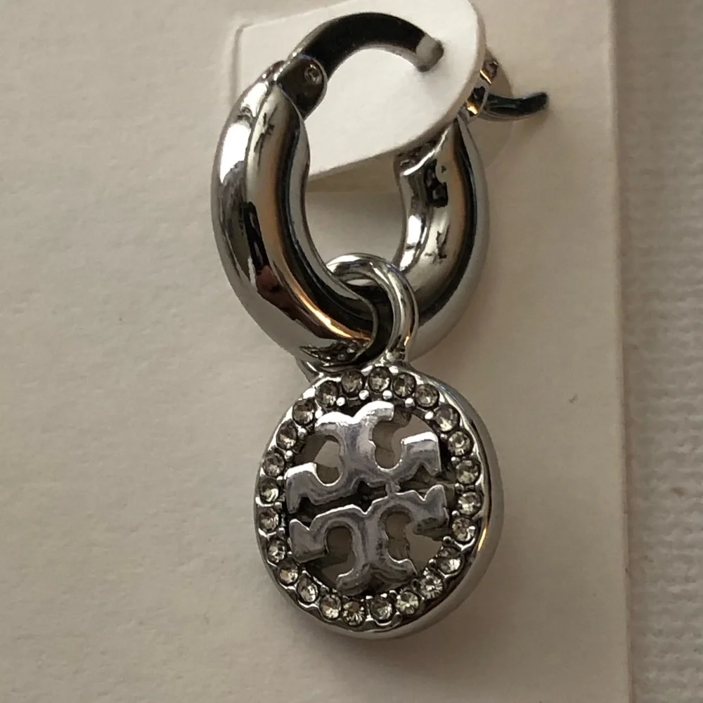 Tory Burch Silver Crystal Logo Drop Hoop Earrings